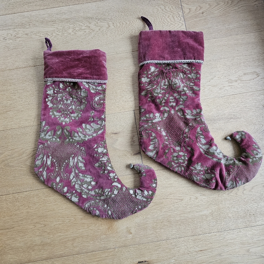 April Cornell Christmas Stocking Red Gold Velvet Pointy Boots Burgundy, Set Of 2